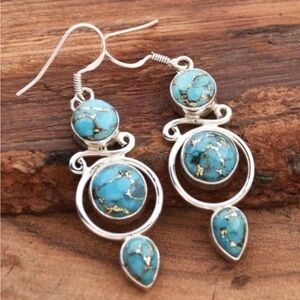 Boho Turquoise Dangle Earrings Silver Tone Western Southwestern Drop